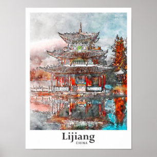 Lijiang China Reise Wasserfarbe Handgezeichnet Poster