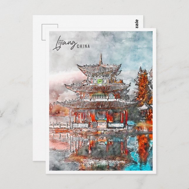 Lijiang China Travel Place Wasserfarbe Postkarte (Vorne/Hinten)