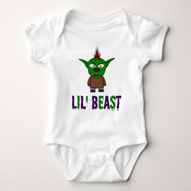 Lil' Beast Goblin Lila und grüner Schriftart T Baby Strampler (Vorderseite)