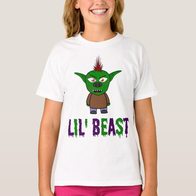 Lil' Beast Goblin Lila und grüner Schriftart T T-Shirt (Vorderseite)