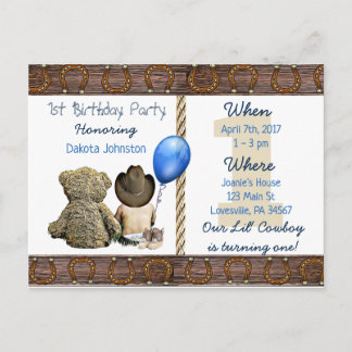 Lil Cowboy Baby Boy und Teddy Bear 1. Geburtstag Einladungspostkarte