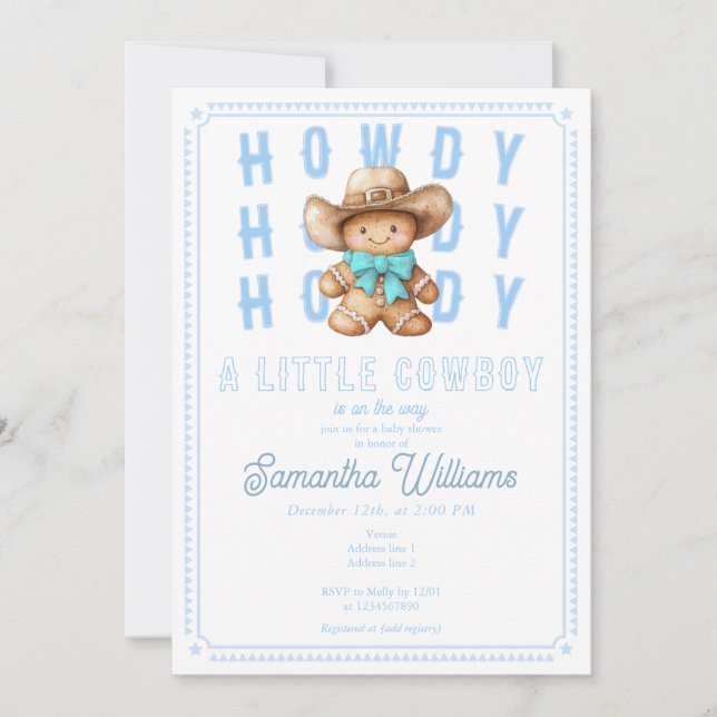 'Lil Cowboy Gingerbread Christmas Blue Baby Shower Einladung (Vorderseite)