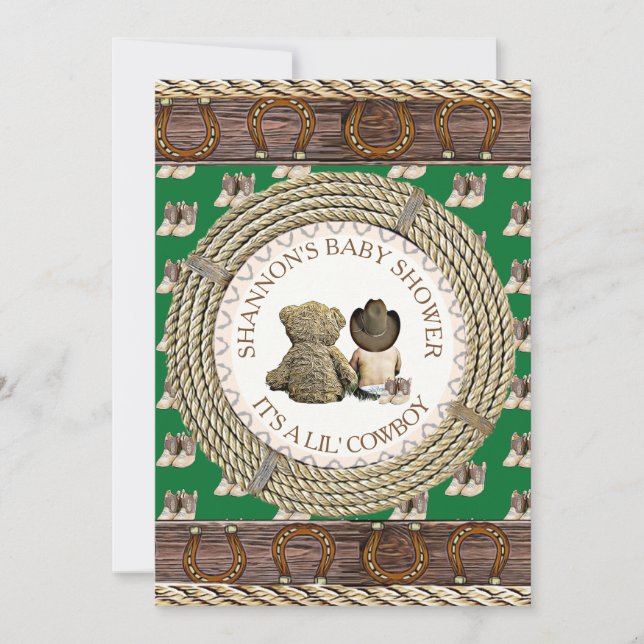 Lil' Cowboy Rustikales Land und Western Babydusche Einladung (Vorderseite)
