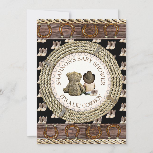 Lil' Cowboy Rustikales Land und Western Babydusche Einladung (Vorderseite)