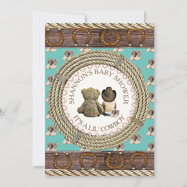 Lil' Cowboy Rustikales Land und Western Babydusche Einladung (Vorderseite)
