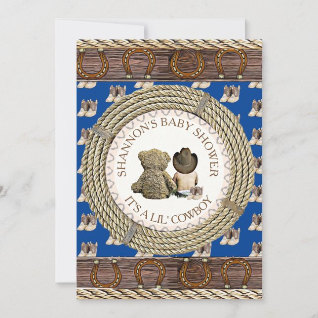 Lil' Cowboy Rustikales Land und Western Babydusche Einladung (Vorderseite)