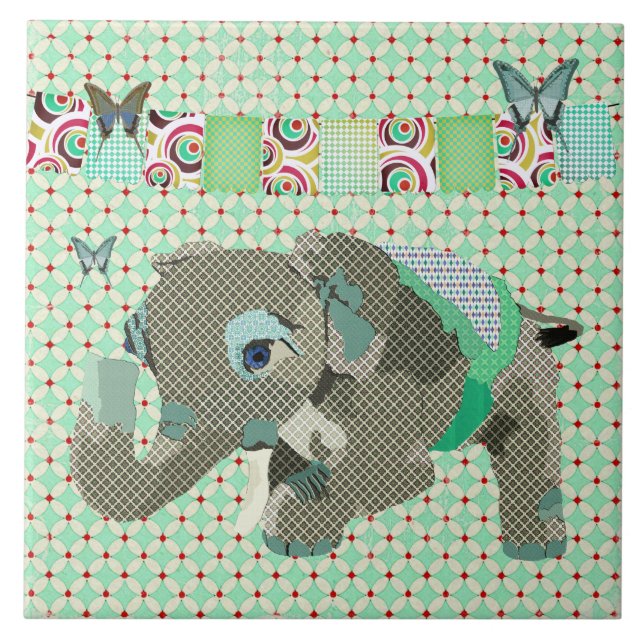 Lil glückliche Elefant-Grün-Fliese Fliese (Vorderseite)