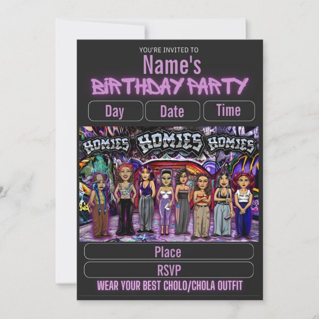 Lil Homies Chicanas Party Invitation 90s Theme Einladung (Vorderseite)