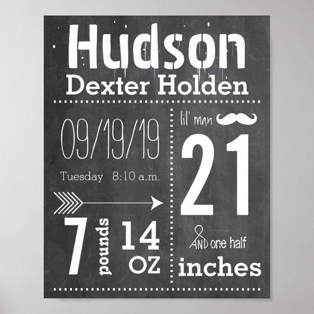 Lil Man Mustache Chalkboard Boy Baby Stat Arrow Poster (Vorne)