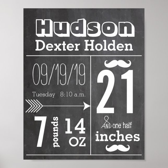 Lil Man Mustache Chalkboard Boy Baby Stat Arrow Poster (Vorne)