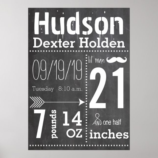 Lil Man Mustache Chalkboard Boy Baby Stat Arrow Poster (Vorne)