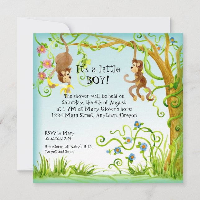 Lil Monkey, Boy Baby Shower Einladung (Vorderseite)