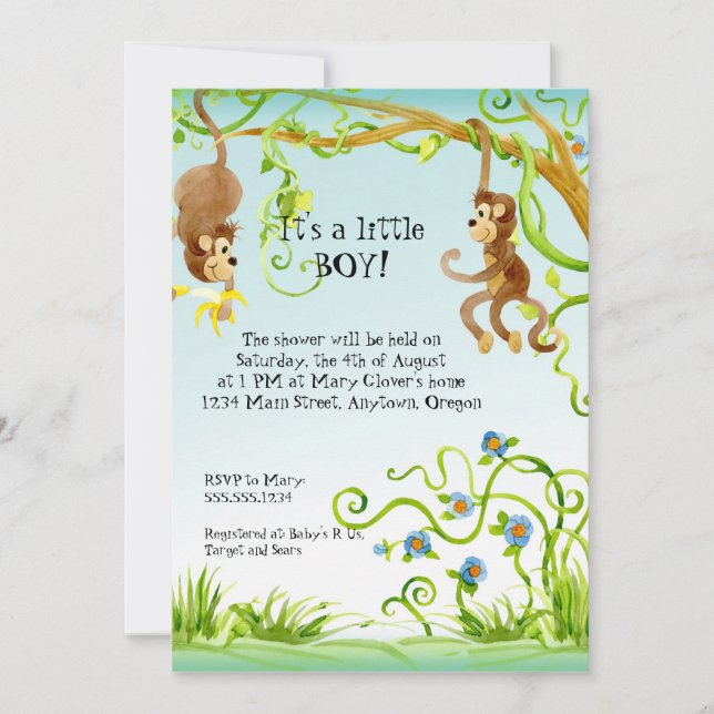 Lil Monkey, Boy Baby Shower Einladung (Vorderseite)