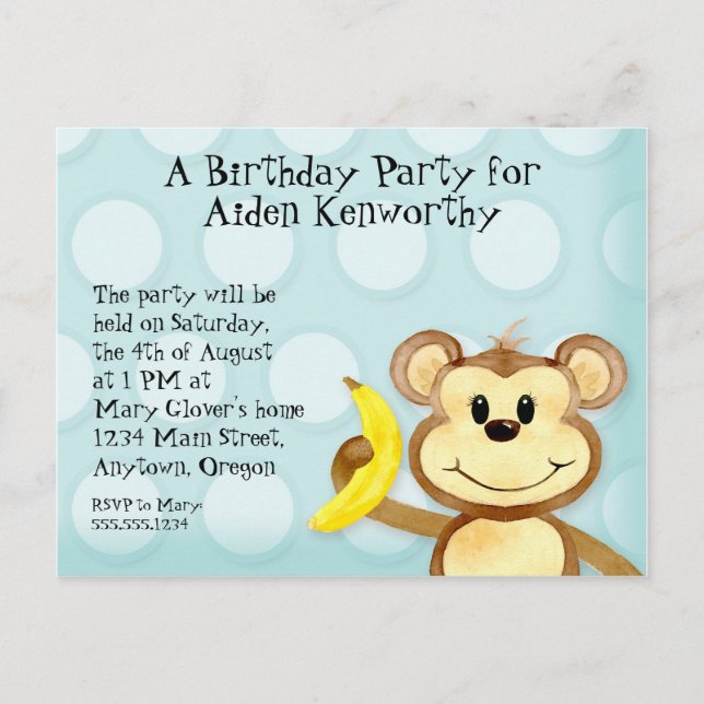 Lil Monkey, Boy Birthday Party Post Card einladen Einladungspostkarte (Vorderseite)