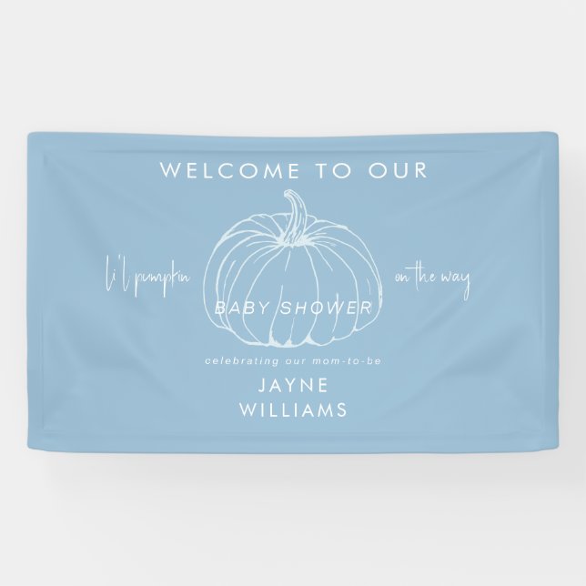 Li'l Pumpkin Blue and White Baby Dusche Willkommen Banner (Horizontal)
