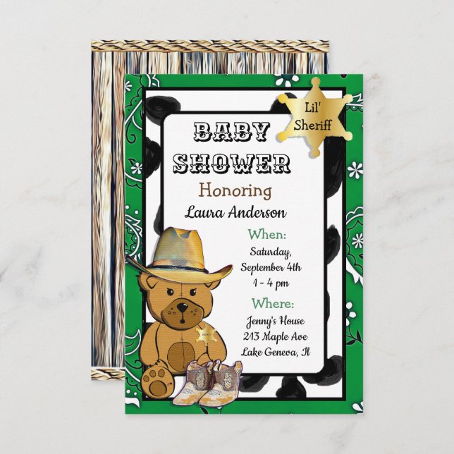 Lil' Sheriff Teddy Bear Cowboy Baby Shower Einladung (Vorne/Hinten)