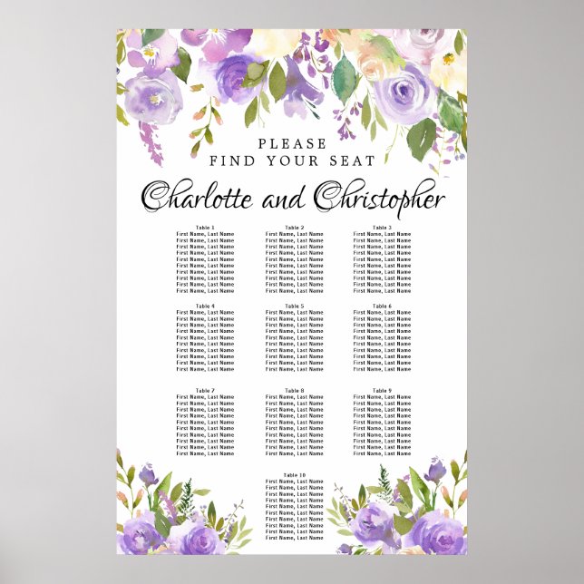 Lila 10-Tisch-Hochzeitstabelle für Blumenmuster Poster (Vorne)
