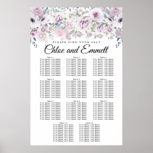 Lila 11-Tisch-Hochzeitstabelle für Weißblumen Poster