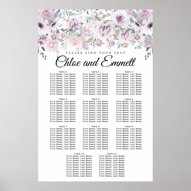 Lila 11-Tisch-Hochzeitstabelle für Weißblumen Poster (Vorne)