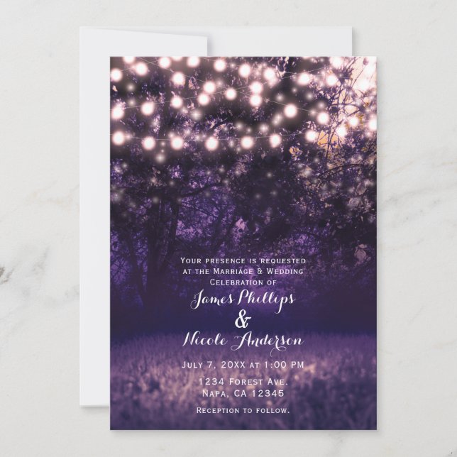 Lila 2 Duskenwald-Saitenlichter Rustikale Hochzeit Einladung (Vorderseite)