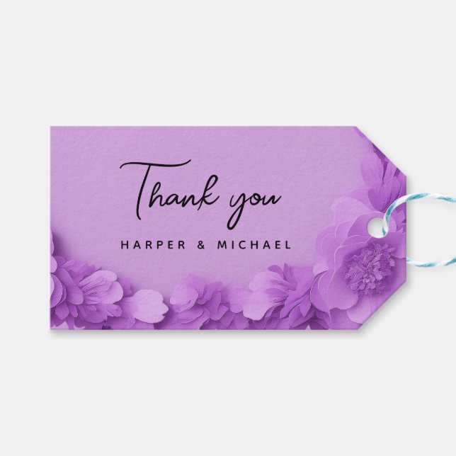 Lila 3D-Blume Hochzeit danke Geschenkanhänger (Vorderseite (Horizontal))