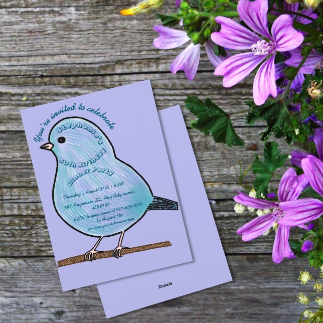 Lila 50. Geburtstag Niedliches Bird Dinner Party Einladung (Von Creator hochgeladen)
