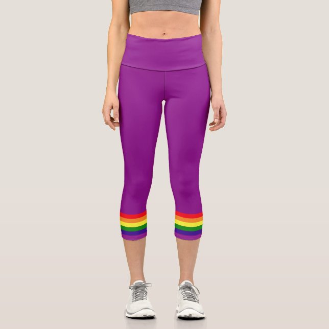Lila 6-farbiger Regenbogenstreifen Capri Leggings (Vorderseite)