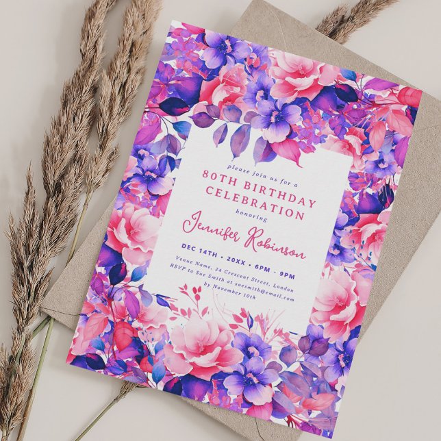 Lila 80. Geburtstagsparty Einladung (Purple Watercolor Floral 80th Birthday Party Invitation)
