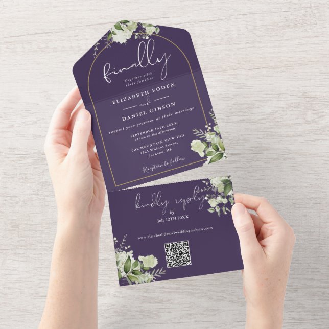 Lila Abschluss Arch Greenery QR Code Hochzeit All In One Einladung (Abreißen)