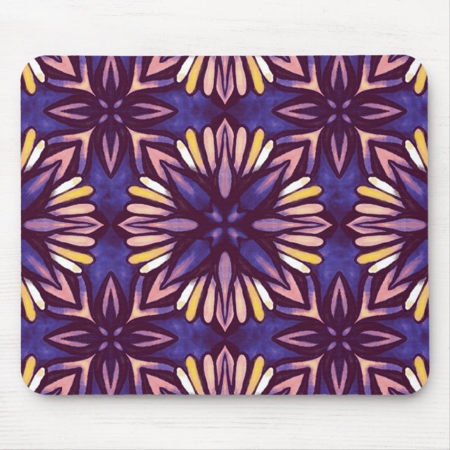 Lila Abstraktes Blumenmuster Yellow Indigo Boho Mousepad (Vorne)