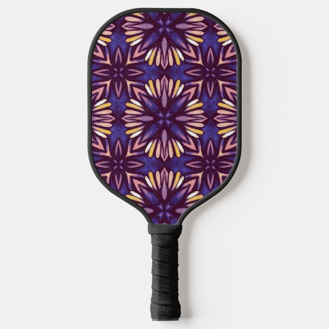 Lila Abstraktes Blumenmuster Yellow Indigo Boho Pickleball Schläger (Vorderseite)