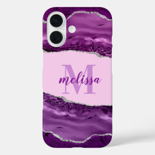 Lila Achat mit silbernem Glitter monogramm Etui iPhone 16 Hülle