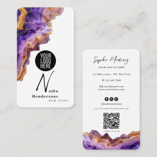 Lila Achat-Signatur Goldmarmor & QR-Code-Logo Visitenkarte