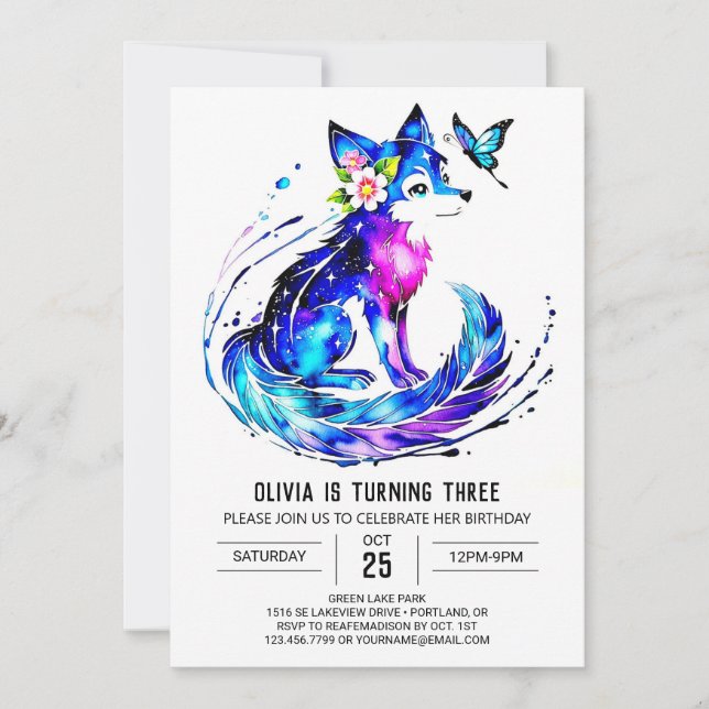 Lila Adorable Wolf Digital Girl Geburtstag Einladung (Vorderseite)