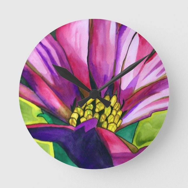 Lila afrikanische Daisy Aquarellkunst Blume Runde Wanduhr (Vorderseite)