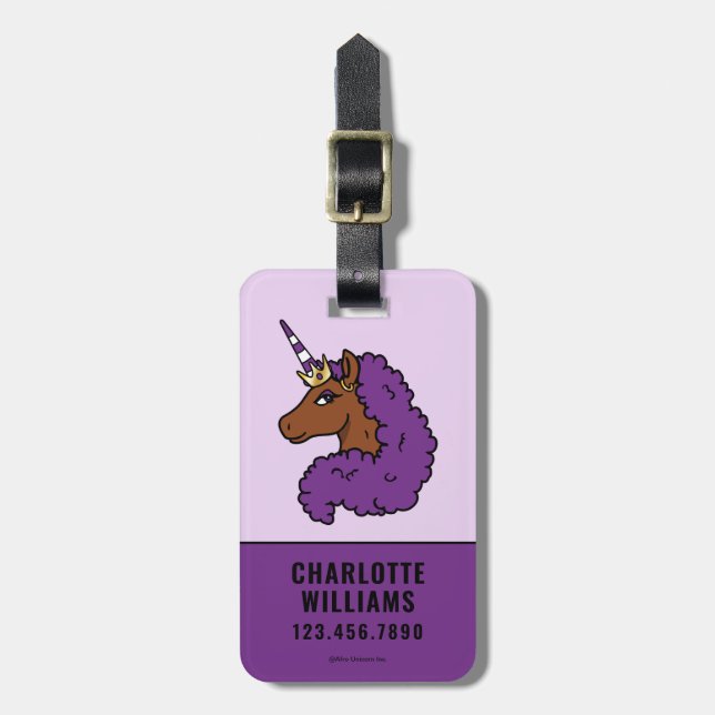 Lila Afro Unicorn Gepäckanhänger (Vorderseite vertikal)