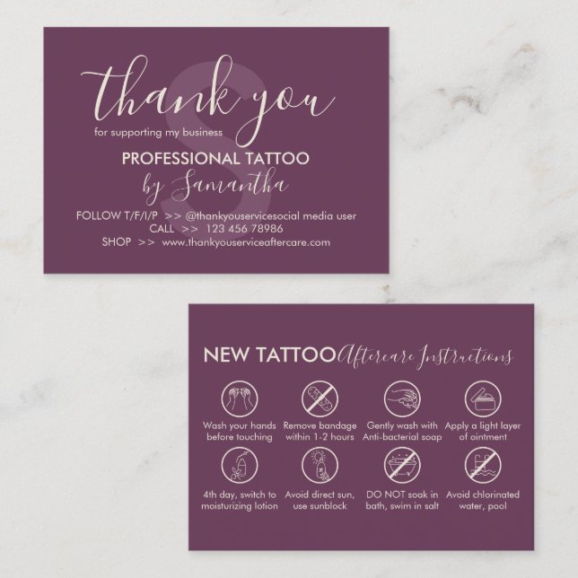 Lila Aftercare Instructions Tattoo Vielen Dank Visitenkarte (Vorne/Hinten)