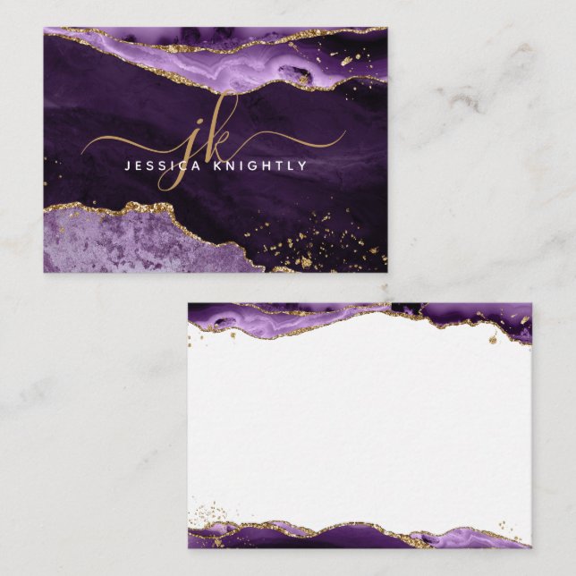 Lila Agate Geode Gold Glitzer Monogram Script Mitteilungskarte (Vorne/Hinten)