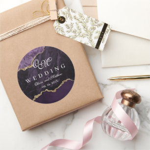 Lila Agate & Gold Hochzeitsskript Runder Aufkleber