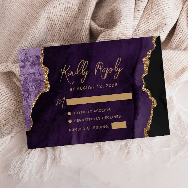 Lila Agate Gold Script Wedding RSVP Karte (Von Creator hochgeladen)