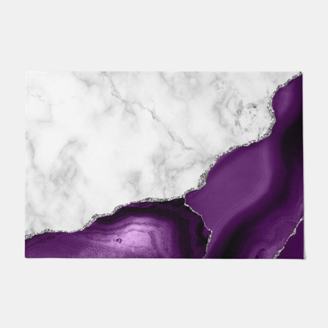 Lila Agate Silver Glitzer aus weißem Marmor Fußmatte (Vorderseite)