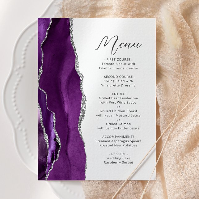 Lila Agate Silver Modern Script Wedding Menükarte (Von Creator hochgeladen)