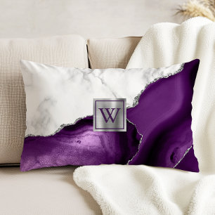Lila Agate Silver Monogramm aus weißem Marmor Dekokissen