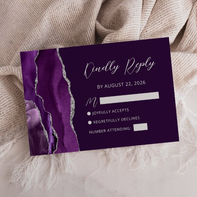 Lila Agate Silver Script Wedding RSVP Card Karte (Von Creator hochgeladen)