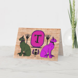 Lila ägyptische Katzen-Monogramm-Gruß-Karte: T