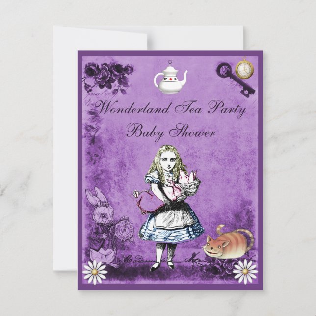 Lila Alice im Wunderland Tea Party Babydusche Einladung (Vorderseite)