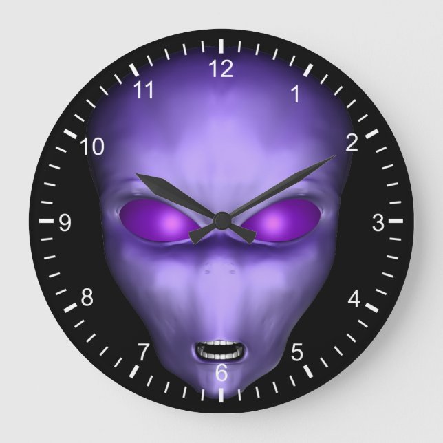 Lila Alien Große Wanduhr (Vorderseite)
