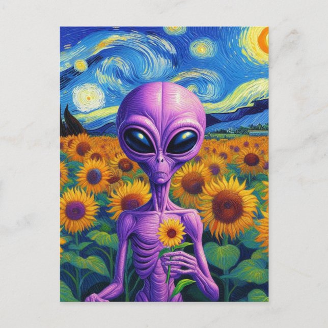 Lila Alien Holds Blume Van Gogh Sonnenblumenfeld Postkarte (Vorderseite)