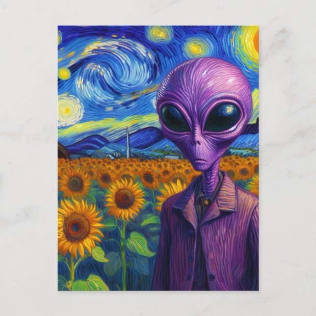 Lila Alien in Imitaten Van Gogh Sonnenblumenfeld Postkarte (Vorderseite)