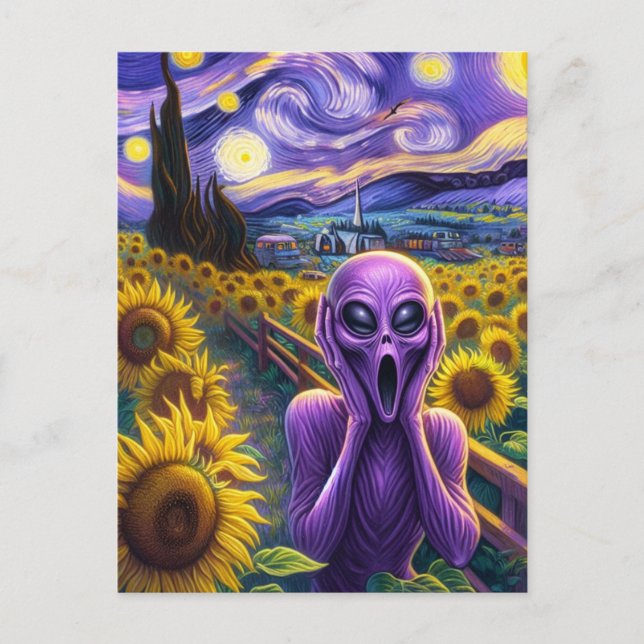 Lila Alien schreit Sonnenblumen Imitate Van Gogh Postkarte (Vorderseite)